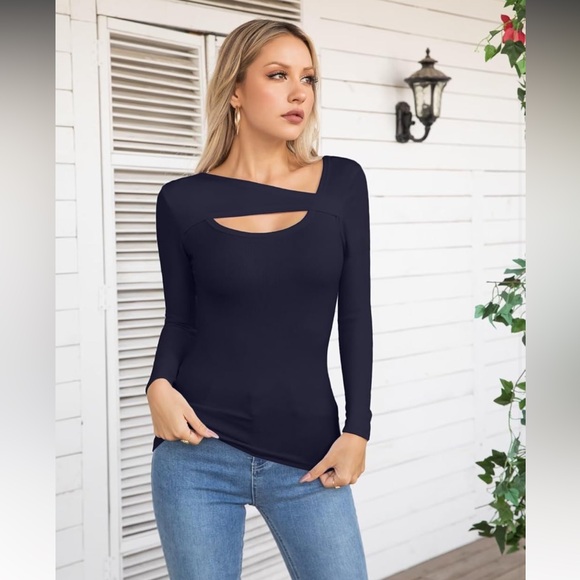 NWOT-Dark Navy Blur Long Sleeve Soft Cut Put Asymmetrical Top - Picture 2 of 9